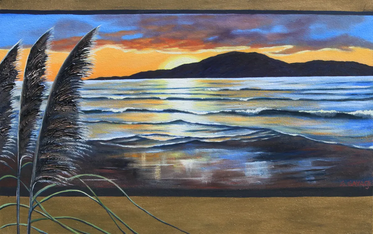 Kapiti Island, sea and sunset painting by Sonia Savage | SAVAGEART