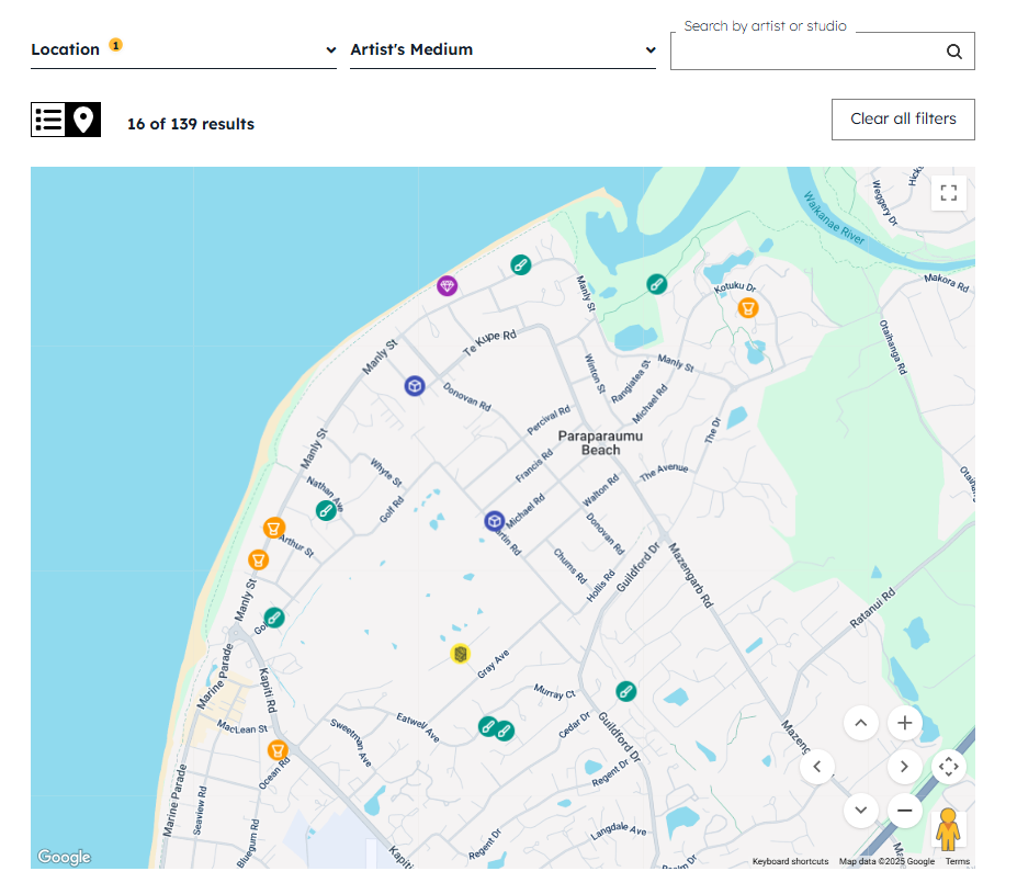 New map view showing artists location. This map is of artists in Paraparaumu Beach.
