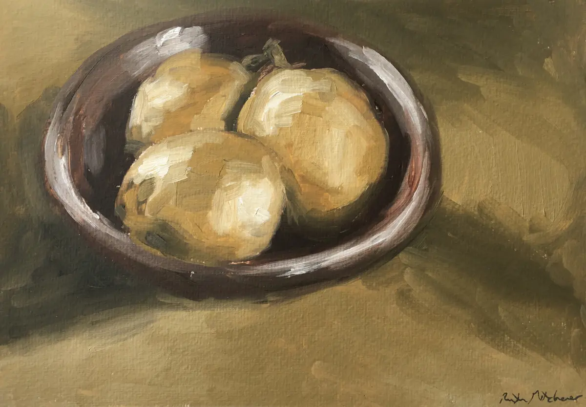 Painting of pears in a bowl by Ruth Mitchener