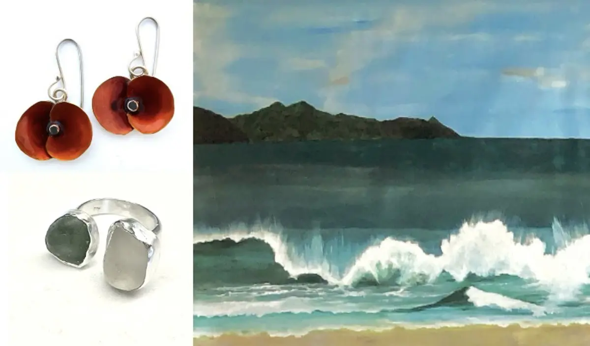 Painting of waves, red drop earrings and ring by Diane Connal 